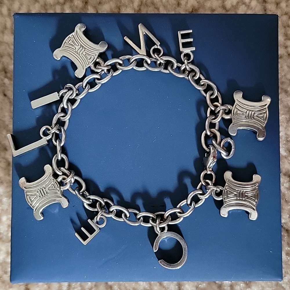 ⭐️CELINE Authentic Gun Metal Dark Gray Charm Adjustable Bracelet Original Bag